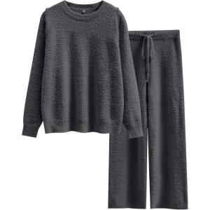 image:imageANRABESS Womens Fuzzy Fleece Pajama Sets 2 Piece Outfits Long Sleeve Top Wide Leg Pants Lounge Matching Set 2025 Fall WinterDeep Gray