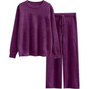 image:imageANRABESS Womens Fuzzy Fleece Pajama Sets 2 Piece Outfits Long Sleeve Top Wide Leg Pants Lounge Matching Set 2025 Fall WinterDeep Viole