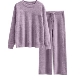 image:imageANRABESS Womens Fuzzy Fleece Pajama Sets 2 Piece Outfits Long Sleeve Top Wide Leg Pants Lounge Matching Set 2025 Fall WinterPurple