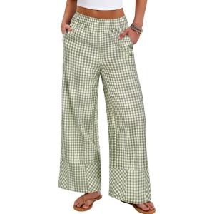 image:imageANRABESS Womens Gingham Pants Checkered Plaid Striped Boxer Wide Leg Palazzo Pants Lounge PJ Bottoms Trousers with PocketsArmy Green White Plaid