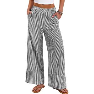image:imageANRABESS Womens Gingham Pants Checkered Plaid Striped Boxer Wide Leg Palazzo Pants Lounge PJ Bottoms Trousers with PocketsBlack White Stripe