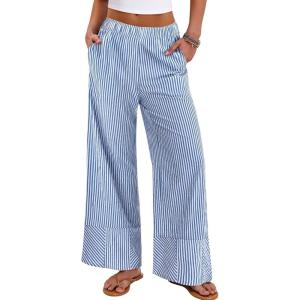 image:imageANRABESS Womens Gingham Pants Checkered Plaid Striped Boxer Wide Leg Palazzo Pants Lounge PJ Bottoms Trousers with PocketsBlue White Stripe