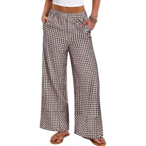 image:imageANRABESS Womens Gingham Pants Checkered Plaid Striped Boxer Wide Leg Palazzo Pants Lounge PJ Bottoms Trousers with PocketsBrown White Plaid