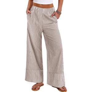 image:imageANRABESS Womens Gingham Pants Checkered Plaid Striped Boxer Wide Leg Palazzo Pants Lounge PJ Bottoms Trousers with PocketsBrown White Stripe
