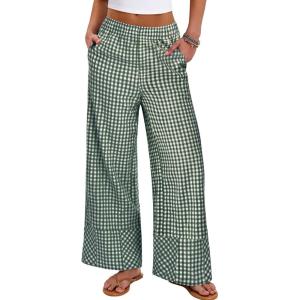 image:imageANRABESS Womens Gingham Pants Checkered Plaid Striped Boxer Wide Leg Palazzo Pants Lounge PJ Bottoms Trousers with PocketsDeep Green White Plaid