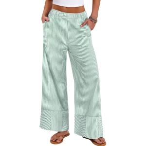 image:imageANRABESS Womens Gingham Pants Checkered Plaid Striped Boxer Wide Leg Palazzo Pants Lounge PJ Bottoms Trousers with PocketsGreen White Stripe
