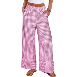 image:imageANRABESS Womens Gingham Pants Checkered Plaid Striped Boxer Wide Leg Palazzo Pants Lounge PJ Bottoms Trousers with PocketsHot Pink White Plaid