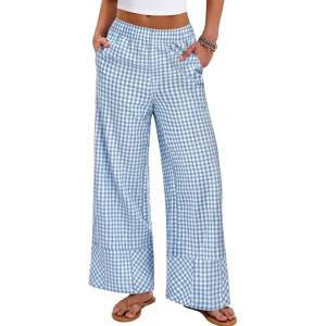image:imageANRABESS Womens Gingham Pants Checkered Plaid Striped Boxer Wide Leg Palazzo Pants Lounge PJ Bottoms Trousers with PocketsLight Blue White Plaid