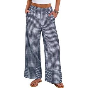 image:imageANRABESS Womens Gingham Pants Checkered Plaid Striped Boxer Wide Leg Palazzo Pants Lounge PJ Bottoms Trousers with PocketsNavy Blue White Plaid