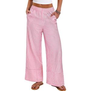 image:imageANRABESS Womens Gingham Pants Checkered Plaid Striped Boxer Wide Leg Palazzo Pants Lounge PJ Bottoms Trousers with PocketsPink White Plaid