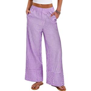 image:imageANRABESS Womens Gingham Pants Checkered Plaid Striped Boxer Wide Leg Palazzo Pants Lounge PJ Bottoms Trousers with PocketsPurple White Plaid