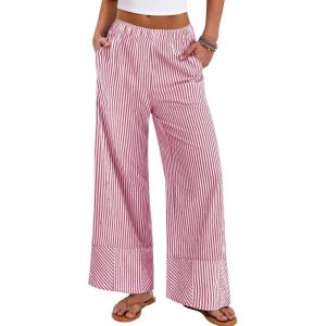 image:imageANRABESS Womens Gingham Pants Checkered Plaid Striped Boxer Wide Leg Palazzo Pants Lounge PJ Bottoms Trousers with PocketsRed White Stripe