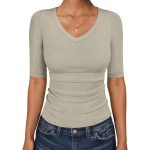 image:imageANRABESS Womens Half Sleeve Tops V Neck Ribbed Knit Slim Fit Basic T Shirts 2026 Summer Casual Tees Spring Trendy ClothesAlmond