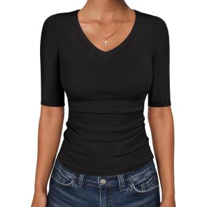image:imageANRABESS Womens Half Sleeve Tops V Neck Ribbed Knit Slim Fit Basic T Shirts 2026 Summer Casual Tees Spring Trendy ClothesBlack