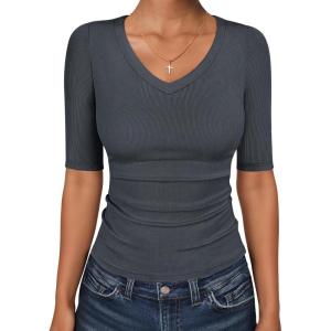 image:imageANRABESS Womens Half Sleeve Tops V Neck Ribbed Knit Slim Fit Basic T Shirts 2026 Summer Casual Tees Spring Trendy ClothesCharcoal
