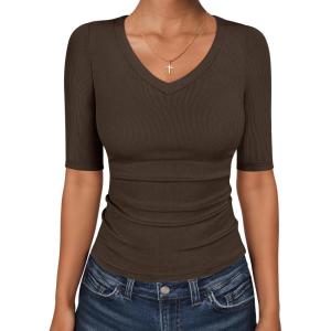 image:imageANRABESS Womens Half Sleeve Tops V Neck Ribbed Knit Slim Fit Basic T Shirts 2026 Summer Casual Tees Spring Trendy ClothesCoffee