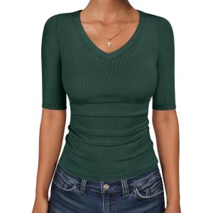image:imageANRABESS Womens Half Sleeve Tops V Neck Ribbed Knit Slim Fit Basic T Shirts 2026 Summer Casual Tees Spring Trendy ClothesDeep Green