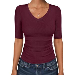 image:imageANRABESS Womens Half Sleeve Tops V Neck Ribbed Knit Slim Fit Basic T Shirts 2026 Summer Casual Tees Spring Trendy ClothesHot  Deep Red