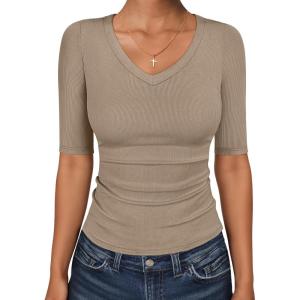 image:imageANRABESS Womens Half Sleeve Tops V Neck Ribbed Knit Slim Fit Basic T Shirts 2026 Summer Casual Tees Spring Trendy ClothesKhaki