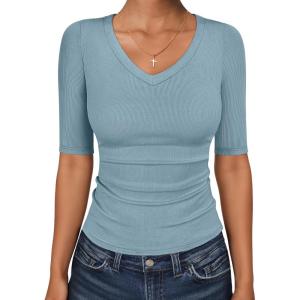 image:imageANRABESS Womens Half Sleeve Tops V Neck Ribbed Knit Slim Fit Basic T Shirts 2026 Summer Casual Tees Spring Trendy ClothesLight Blue