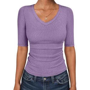 image:imageANRABESS Womens Half Sleeve Tops V Neck Ribbed Knit Slim Fit Basic T Shirts 2026 Summer Casual Tees Spring Trendy ClothesLight Purple