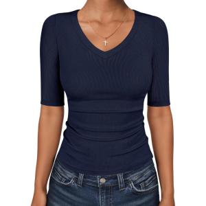 image:imageANRABESS Womens Half Sleeve Tops V Neck Ribbed Knit Slim Fit Basic T Shirts 2026 Summer Casual Tees Spring Trendy ClothesNavy Blue