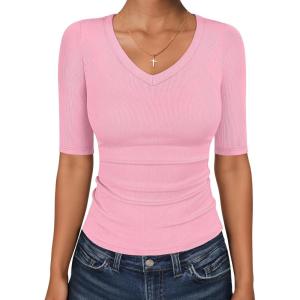 image:imageANRABESS Womens Half Sleeve Tops V Neck Ribbed Knit Slim Fit Basic T Shirts 2026 Summer Casual Tees Spring Trendy ClothesPink