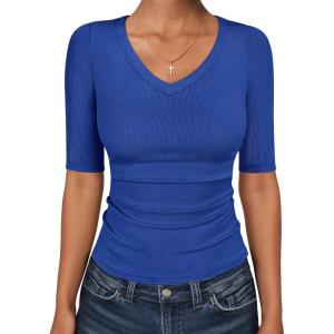 image:imageANRABESS Womens Half Sleeve Tops V Neck Ribbed Knit Slim Fit Basic T Shirts 2026 Summer Casual Tees Spring Trendy ClothesRoyal Blue