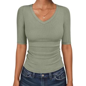 image:imageANRABESS Womens Half Sleeve Tops V Neck Ribbed Knit Slim Fit Basic T Shirts 2026 Summer Casual Tees Spring Trendy ClothesSage Green