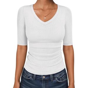 image:imageANRABESS Womens Half Sleeve Tops V Neck Ribbed Knit Slim Fit Basic T Shirts 2026 Summer Casual Tees Spring Trendy ClothesWhite