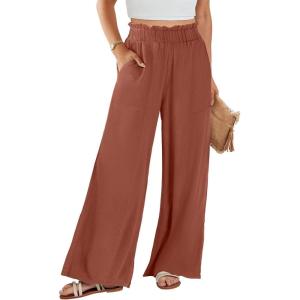 image:imageANRABESS Womens Linen Pants 2026 Summer Casual Loose Wide Leg Palazzo Pants High Waist Flowy Beach Trousers Work OutfitsBrown Red