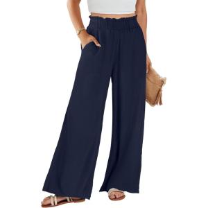 image:imageANRABESS Womens Linen Pants 2026 Summer Casual Loose Wide Leg Palazzo Pants High Waist Flowy Beach Trousers Work OutfitsNavy Blue