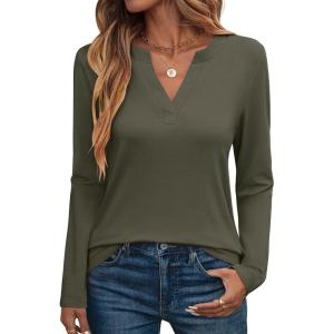 image:imageANRABESS Womens Long Sleeve Shirts V Neck Business Casual Work Tunic Tops Basic Tees 2025 Fall OutfitsArmy Green