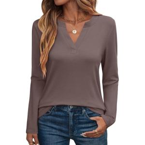 image:imageANRABESS Womens Long Sleeve Shirts V Neck Business Casual Work Tunic Tops Basic Tees 2025 Fall OutfitsBrown