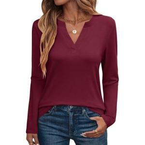 image:imageANRABESS Womens Long Sleeve Shirts V Neck Business Casual Work Tunic Tops Basic Tees 2025 Fall OutfitsBurgundy