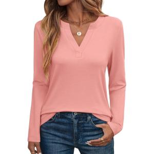 image:imageANRABESS Womens Long Sleeve Shirts V Neck Business Casual Work Tunic Tops Basic Tees 2025 Fall OutfitsCoral Pink