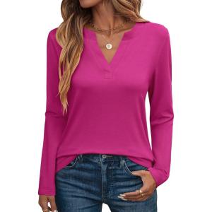 image:imageANRABESS Womens Long Sleeve Shirts V Neck Business Casual Work Tunic Tops Basic Tees 2025 Fall OutfitsHot Pink