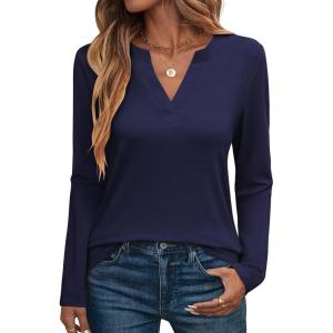 image:imageANRABESS Womens Long Sleeve Shirts V Neck Business Casual Work Tunic Tops Basic Tees 2025 Fall OutfitsNavy Blue