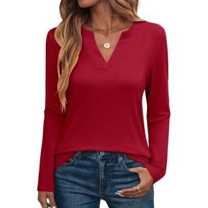 image:imageANRABESS Womens Long Sleeve Shirts V Neck Business Casual Work Tunic Tops Basic Tees 2025 Fall OutfitsRed