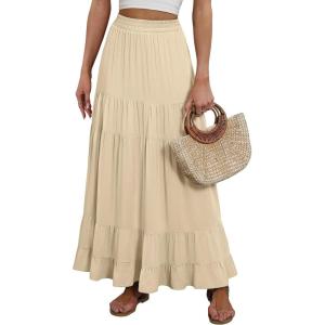 image:imageANRABESS Womens Maxi Skirt Elastic High Waist Swing Tiered Aline Flowy Pleated Boho Beach Vacation Long SkirtsBeige