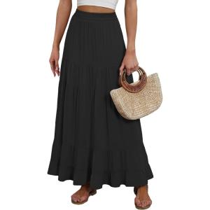 image:imageANRABESS Womens Maxi Skirt Elastic High Waist Swing Tiered Aline Flowy Pleated Boho Beach Vacation Long SkirtsBlack