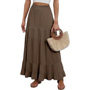 image:imageANRABESS Womens Maxi Skirt Elastic High Waist Swing Tiered Aline Flowy Pleated Boho Beach Vacation Long SkirtsCoffee