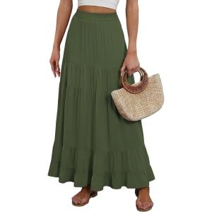 image:imageANRABESS Womens Maxi Skirt Elastic High Waist Swing Tiered Aline Flowy Pleated Boho Beach Vacation Long SkirtsDark Green