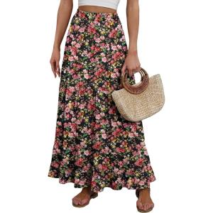 image:imageANRABESS Womens Maxi Skirt Elastic High Waist Swing Tiered Aline Flowy Pleated Boho Beach Vacation Long SkirtsFloral Black Red