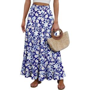 image:imageANRABESS Womens Maxi Skirt Elastic High Waist Swing Tiered Aline Flowy Pleated Boho Beach Vacation Long SkirtsFloral Blue