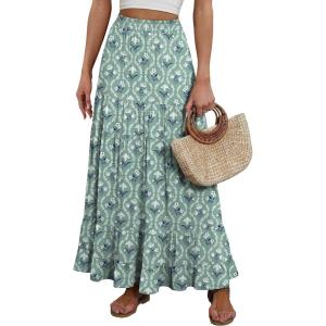 image:imageANRABESS Womens Maxi Skirt Elastic High Waist Swing Tiered Aline Flowy Pleated Boho Beach Vacation Long SkirtsFloral Green