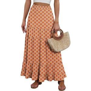 image:imageANRABESS Womens Maxi Skirt Elastic High Waist Swing Tiered Aline Flowy Pleated Boho Beach Vacation Long SkirtsFloral Orange