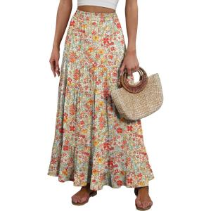 image:imageANRABESS Womens Maxi Skirt Elastic High Waist Swing Tiered Aline Flowy Pleated Boho Beach Vacation Long SkirtsFloral Orange Red