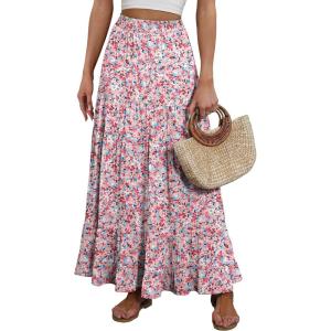 image:imageANRABESS Womens Maxi Skirt Elastic High Waist Swing Tiered Aline Flowy Pleated Boho Beach Vacation Long SkirtsFloral Pink