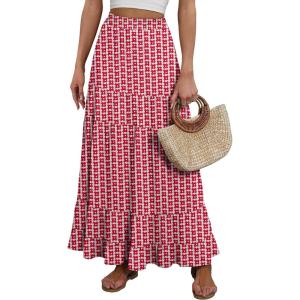 image:imageANRABESS Womens Maxi Skirt Elastic High Waist Swing Tiered Aline Flowy Pleated Boho Beach Vacation Long SkirtsFloral Red